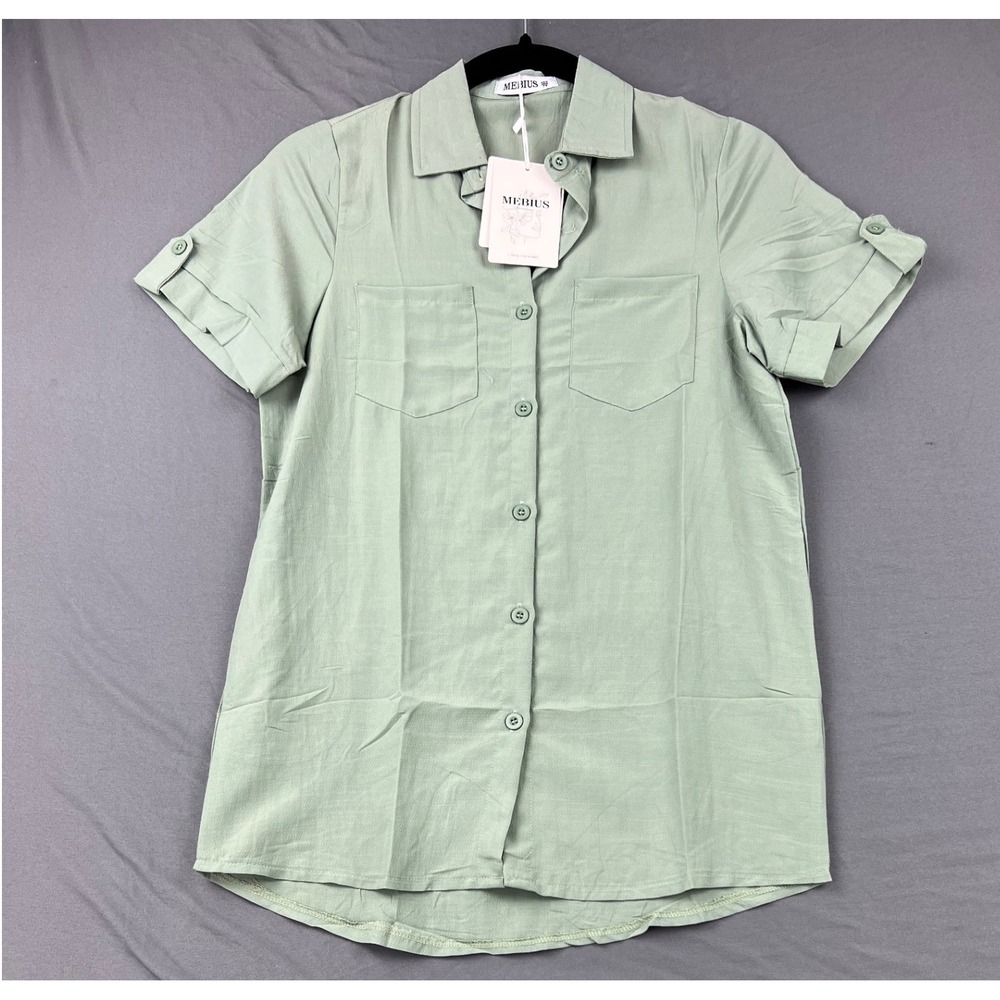 Mebius Button Down Shirt Women 7Y Sage Green NWT Short Sleeve Pocket Blouse